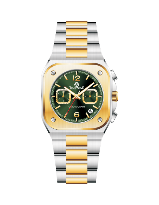 Two-tone silver and gold watch with a green dial on a white background - branded wrist watch for men in pakistan