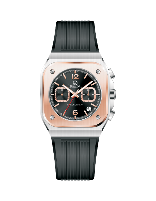 Timezone watch with black strap and rose gold case on a white. background. Branded wrist watch for men in pakistan.