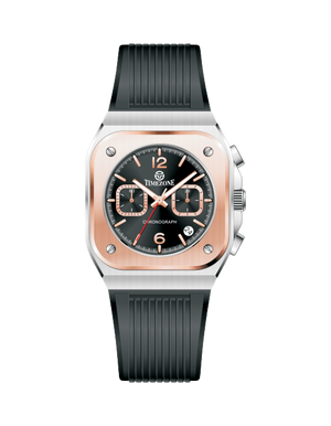 Timezone watch with black strap and rose gold case on a white. background. Branded wrist watch for men in pakistan.
