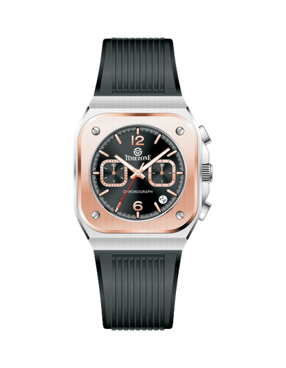 Timezone watch with black strap and rose gold case on a white. background. Branded wrist watch for men in pakistan.