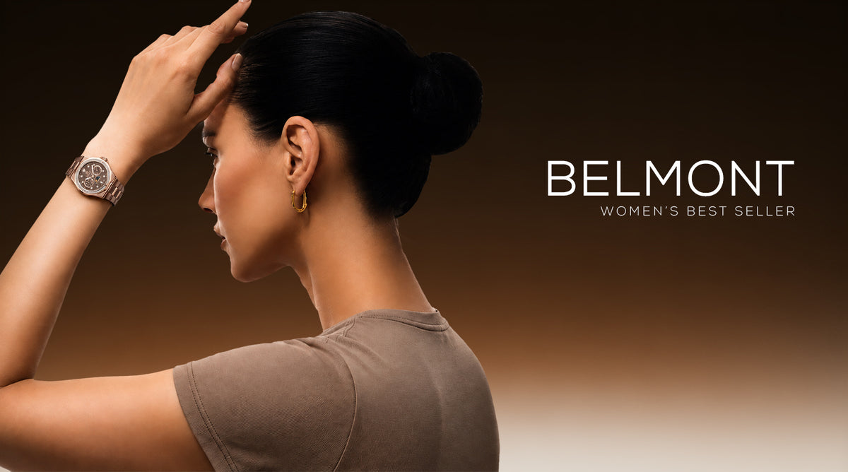 A woman in profile wearing a round watch with a light-colored strap and a silver-toned case, posed against a dark brown gradient background with the text 'BELMONT WOMEN'S BEST SELLER' on the right.
