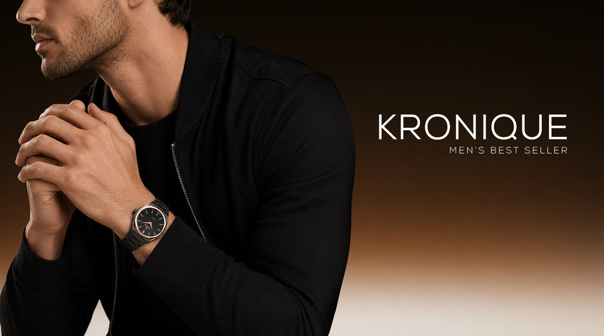 A man in a black jacket wearing a Chronique wristwatch, shown in a close-up profile against a dark brown gradient background with the text 'KRONIQUE MEN'S BEST SELLER' on the right.