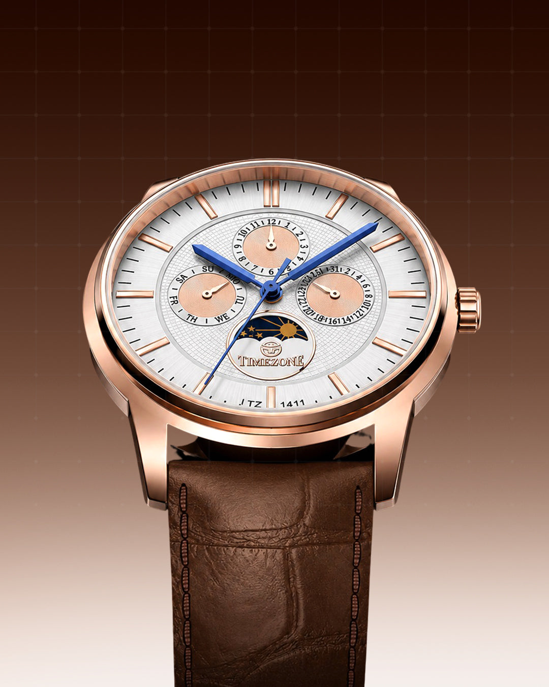 A rose gold-toned wristwatch with a white dial, blue hands, and a brown leather strap, shown against a dark brown gradient background.
