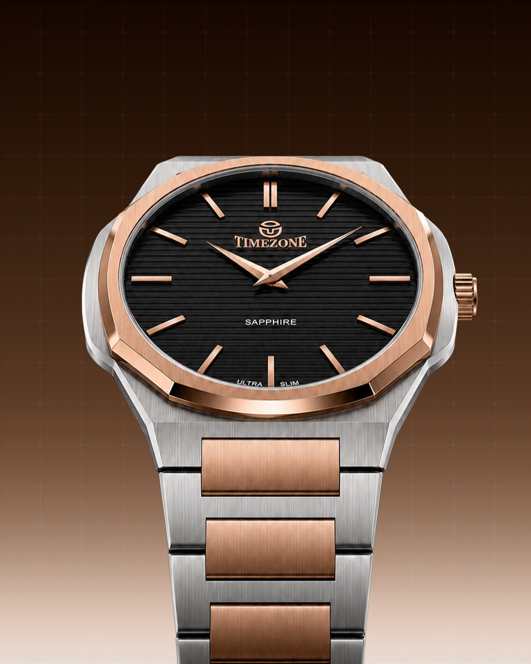 A two-tone stainless steel and rose gold watch with a black dial, shown against a dark brown gradient background with a subtle grid pattern.