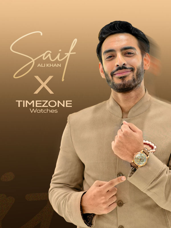 A promotional image featuring model Sait Ali Khan wearing a beige traditional outfit and a gold-tone Timezone Watches wristwatch, set against a warm brown gradient background with 'Sait ALI KHAN X TIMEZONE Watches' text.