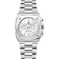Silver wristwatch with a white face on a white background, featuring the Timezone Watches brand. Branded wrist watch for men in pakistan.