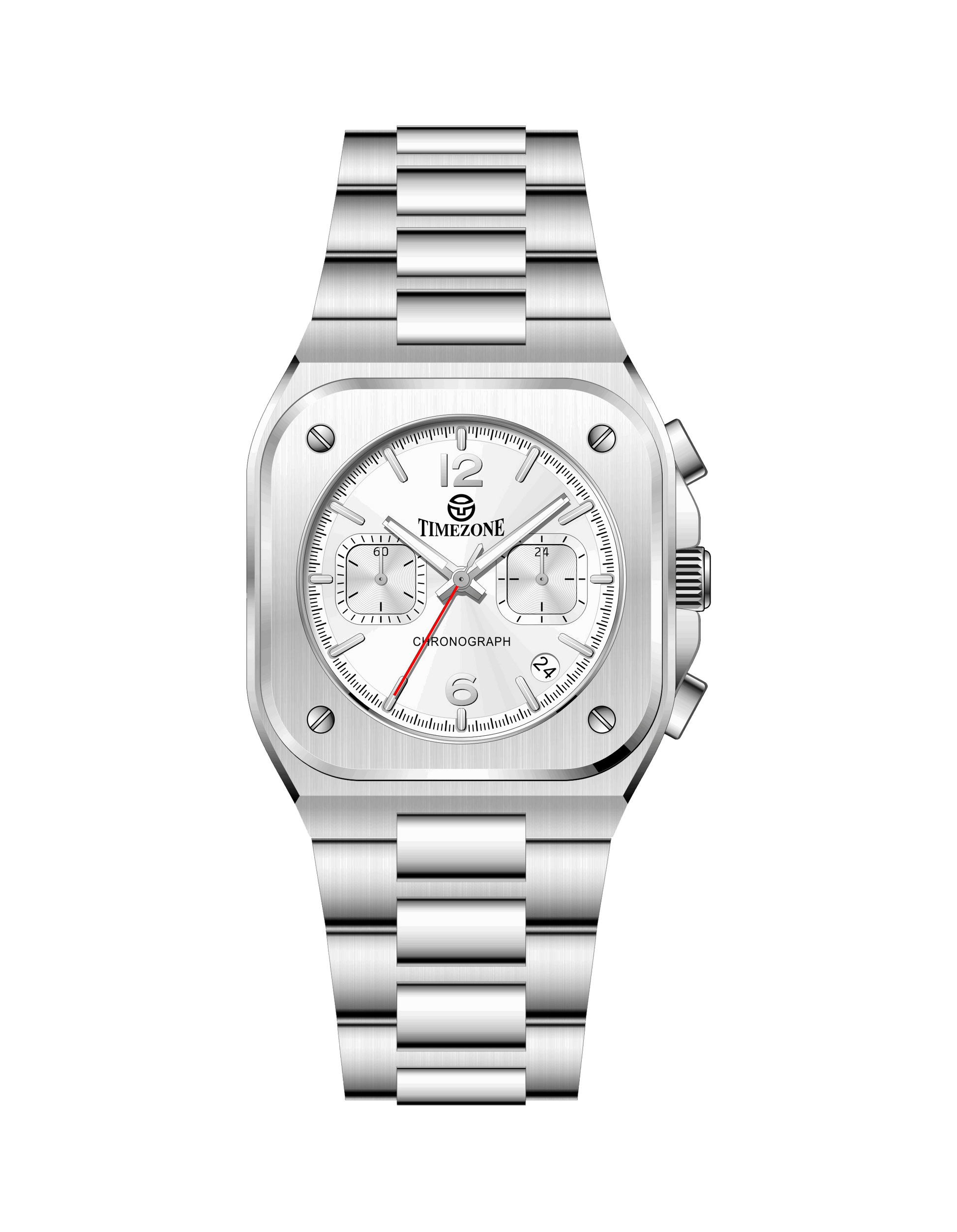 Silver wristwatch with a white face on a white background, featuring the Timezone Watches brand. Branded wrist watch for men in pakistan.