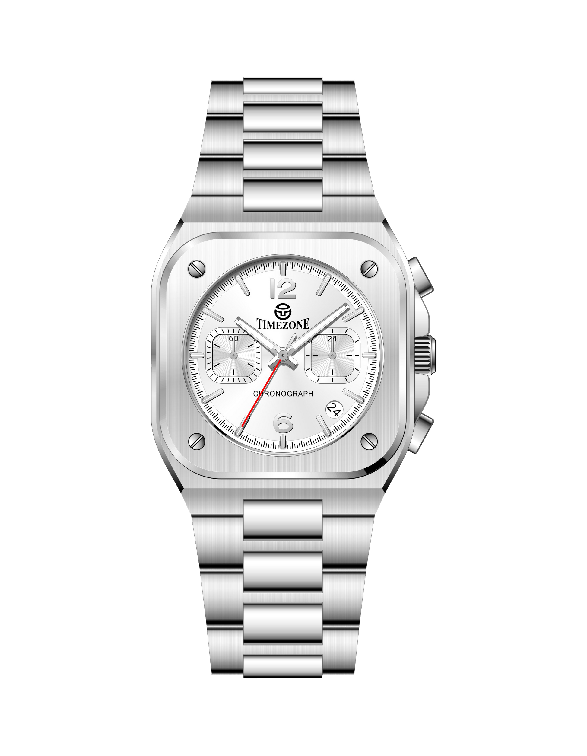 Silver wristwatch with a white face on a white background, featuring the Timezone Watches brand. Branded wrist watch for men in pakistan.