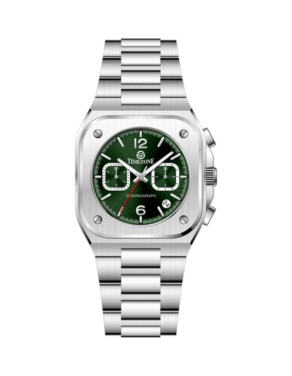 Silver watch with a green face on a white background - branded wrist watch for men in pakistan