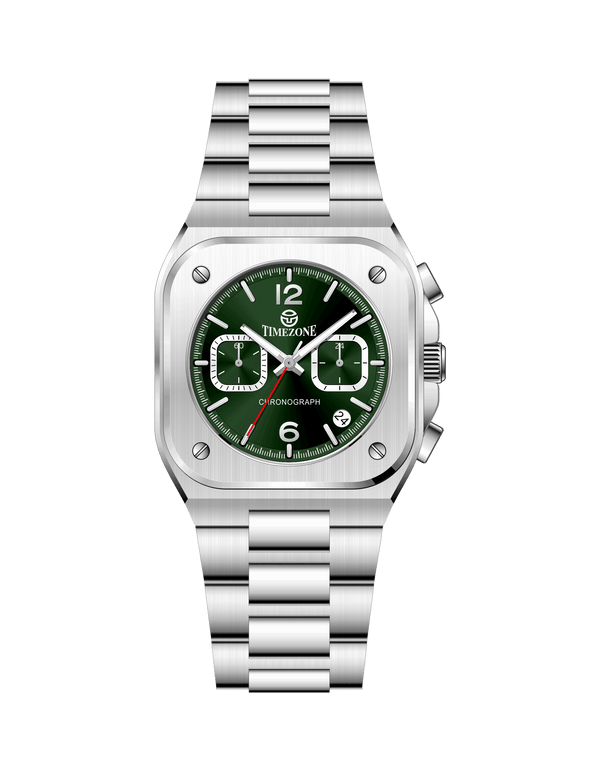 Silver watch with a green face on a white background - branded wrist watch for men in pakistan